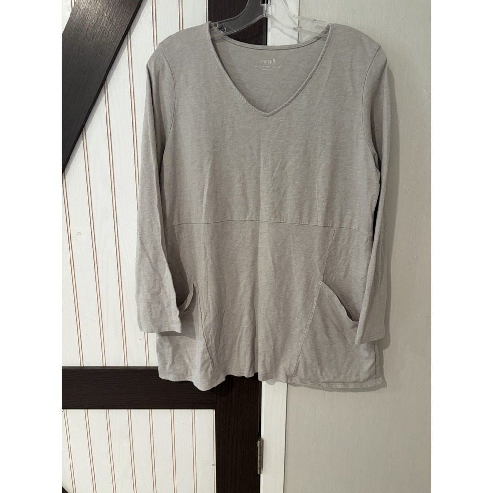 J Jill Pure Jill Gray Seamed V Neck Tunic Pockets Cotton Modal Pullover Large
